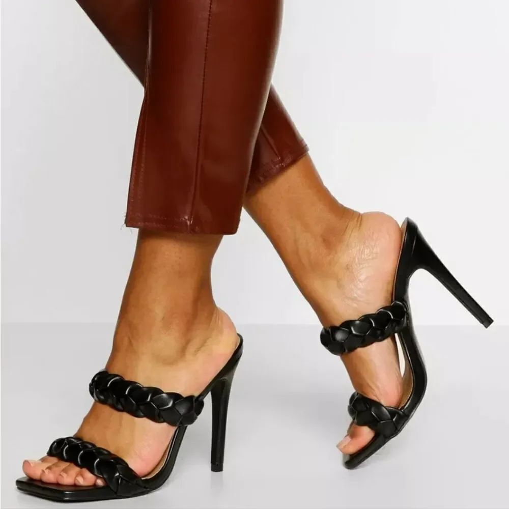 BRAND NEW HERSTYLE WOMEN"S SQUARE OPEN TOE HEELED MULES DOUBLE BRAIDED SANDAL